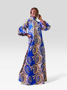 Majestic Circles Ankara Maxi Gown African Print Dress Blue & Orange Maxi Ruffle Sleeve High-Neck Gown for Elegant Occasions