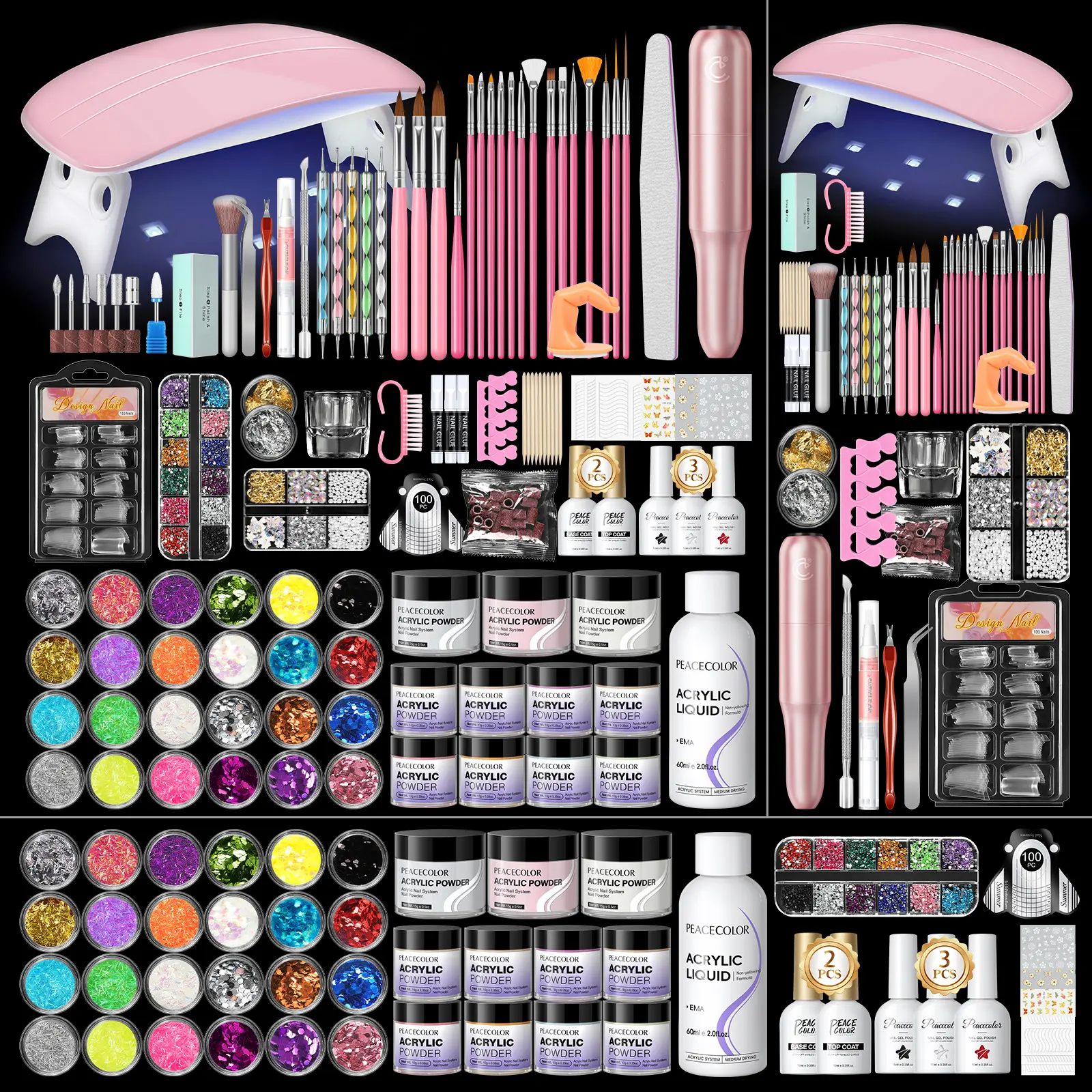 Peacecolor  Complete Acrylic Nail Kit Starter Set With Acrylic  Powder Acrylic Liquid UV LED Lamp Nail Drill Machine Nail  Art Tools Home Salon