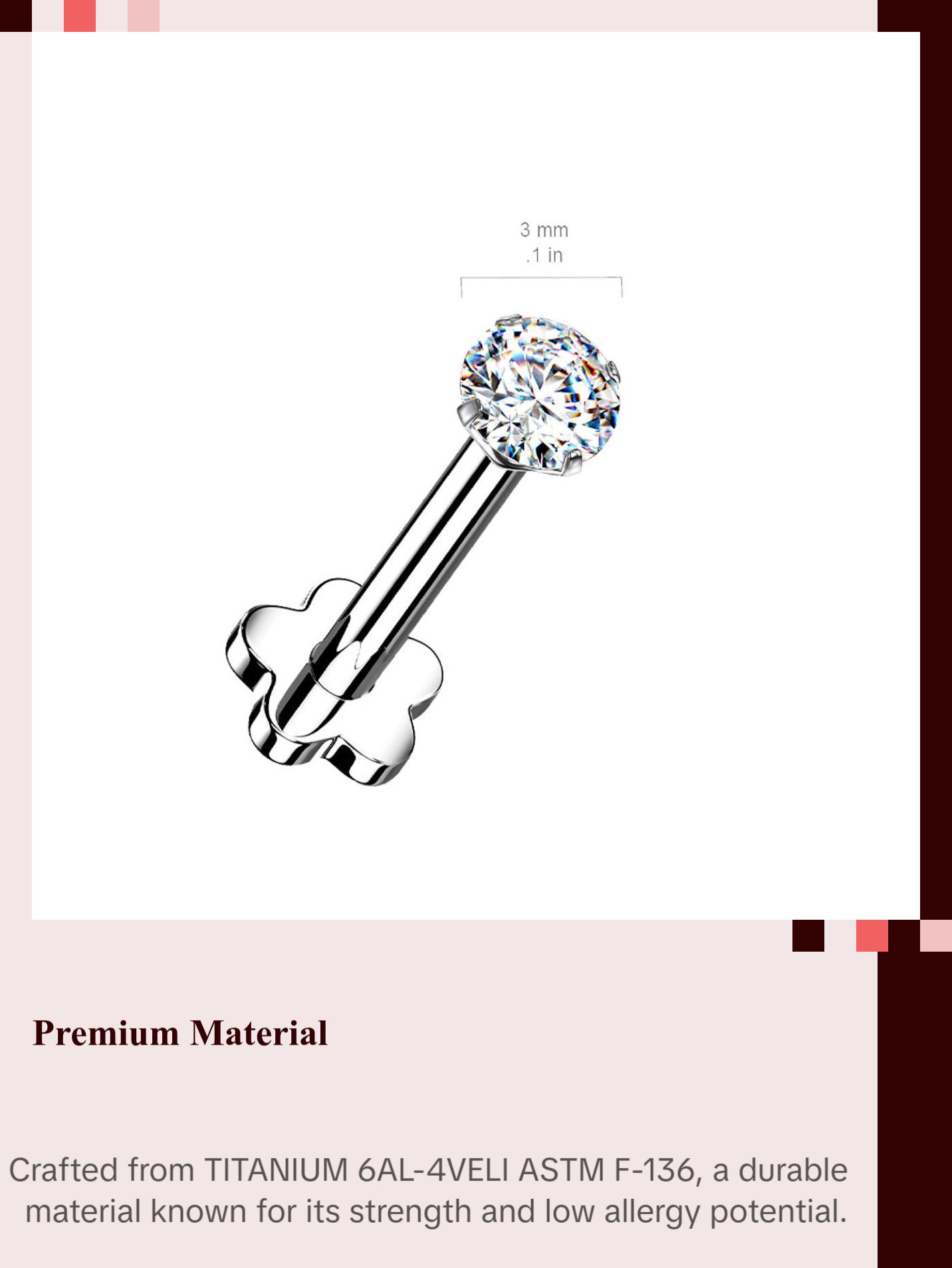 Titanium Monroe / Labret Stud Ring 18 Gauge Threadless Gem Flower Back