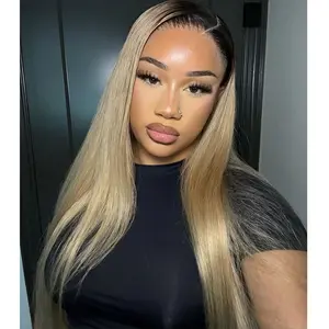 Human Hair Straight Ash Blonde Colored Ombre Brown Roots 13x4 HD Transparent Lace Front Wig 180% Density Pre Plucked For Women Can Be Restyled Ash Blonde Lace Frontal Human Hair Wig