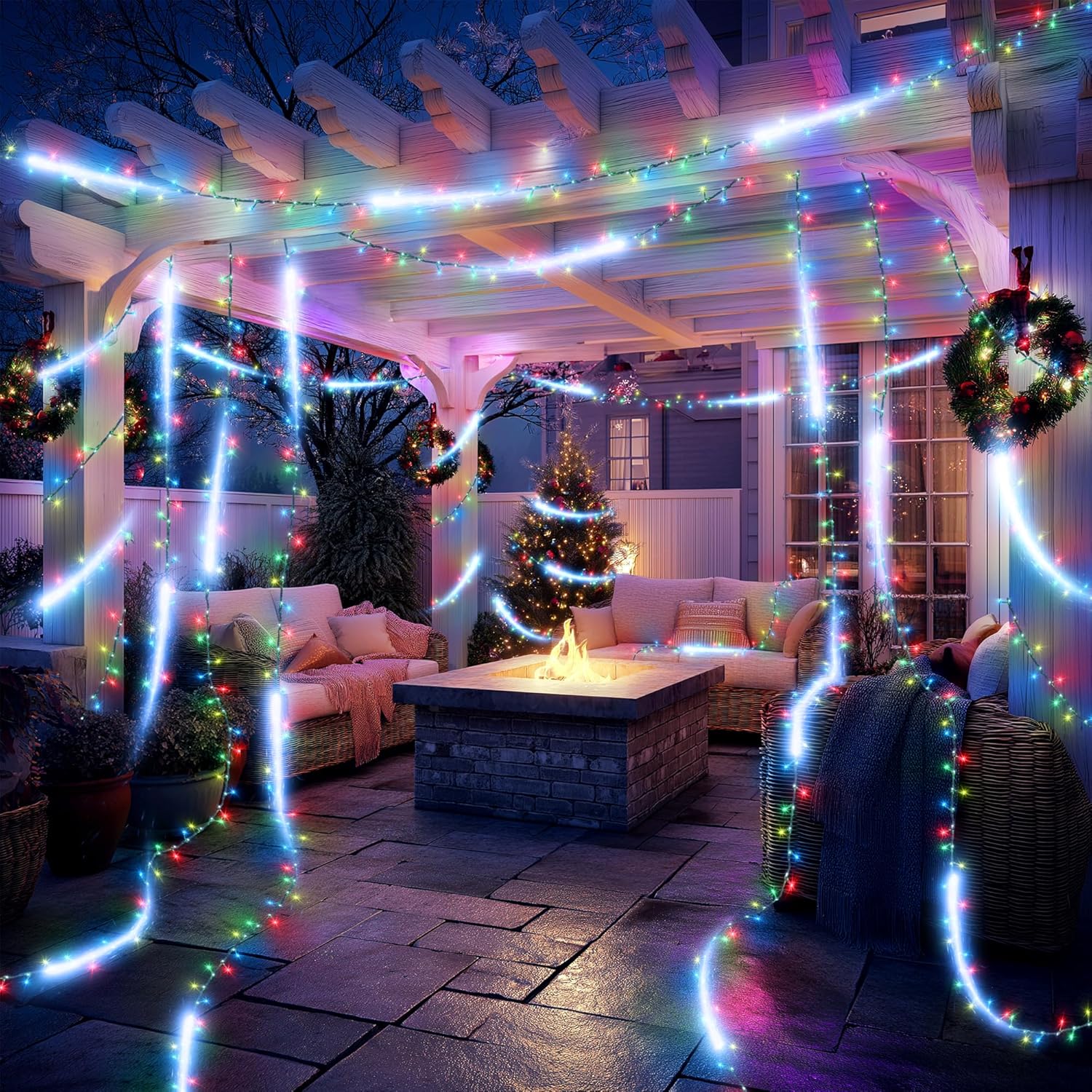 30FT Outdoor Water Flowing Lights - 240 LEDs Christmas Multicolor String Lights with 8 Basic Modes + 6 Flowing Modes,Outdoor Waterproof Timmer Memory Function Patio Lights 30FT Outdoor Water Flowing Lights - 240 LEDs Christmas Multicolor String Lights with 8 Basic Modes + 6 Flowing Modes,Outdoor Waterproof Timmer Memory Function Patio Lights