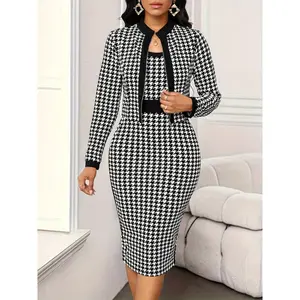 Beautiful women's clothing Fashionable and Elegant Houndstooth Women's Dress Set Womenswear Suits