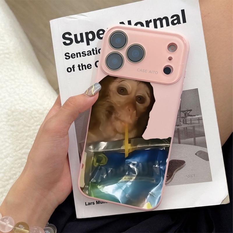 Funny Monkey Drinking Water Case for iPhone 17 Pro Max 17Air 17 16E 16 15 14 13 12, Ultra Skin-Friendly TPU, All-Inclusive Glass Lens Protection, Aesthetic Creative Animal Gift, Dopamine Ins Style Fun Cover, Shockproof Slim Case, Lens Window Design