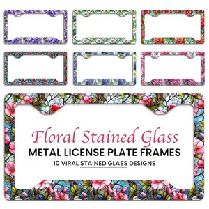 Floral License Plate Frames, 10 Metal Licence Plate Frames With Stained Glass Flowers For Women