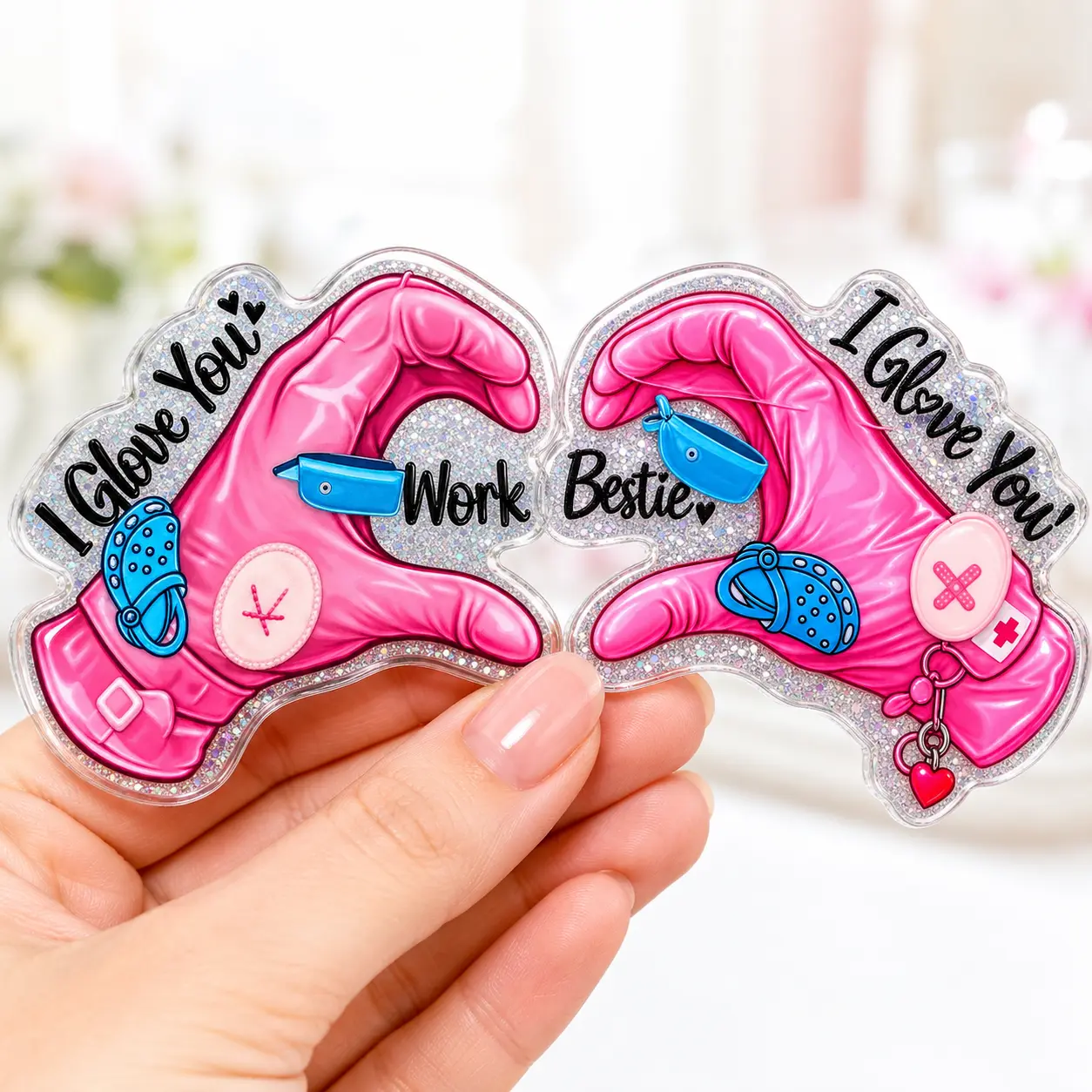 I Glove You Work Bestie Badge Reel, Pink Glove Retractable Badge Holder, Cute Coworker Work ID Accessory, Single Design or Duo Option, 2 3 4 Inch