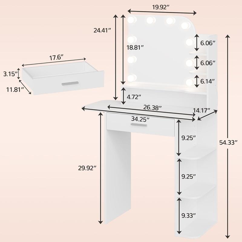 34.25" White Lighted Makeup Vanity | Power Outlet + 3 Lighting Modes | Lighted Vanity Desk with Mirror | Foldable Shelf + 6 Storage + Large Drawer 34.25" White Lighted Makeup Vanity | Power Outlet + 3 Lighting Modes | Lighted Vanity Desk with Mirror | Foldable Shelf + 6 Storage + Large Drawer
