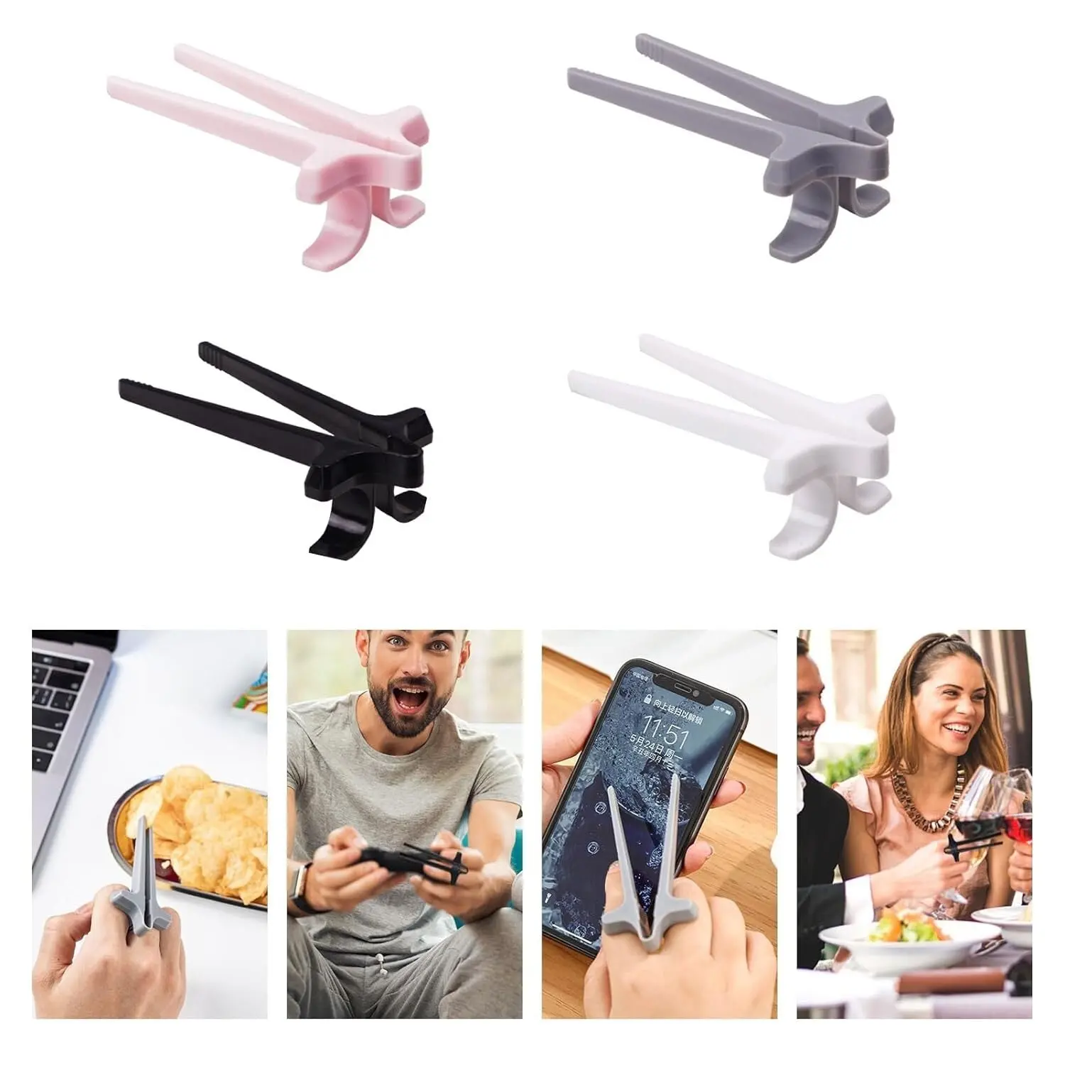 4-Pc Finger Chopsticks for Gamers &amp; Snacking — White, Grey, Pink &amp; Black