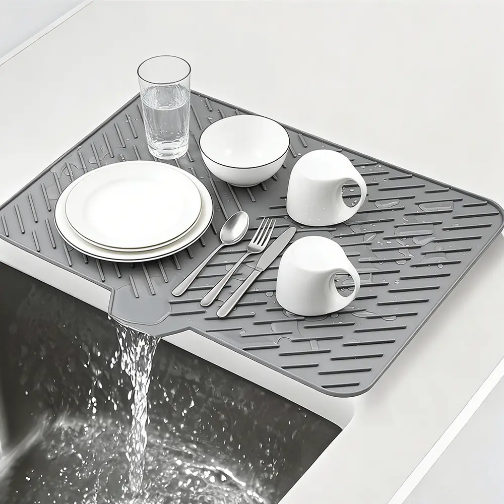 100% Silicone Dish Drying Mat - Large Rectangular 23x17in, Multi-Size Self-Drain, Built-In Drain Lip, Heat-Resistant, Leak-Proof, Non-Slip Kitchen Placemat for Counter & Tableware (Placemats & Coasters), 100% Silicone Placemats & Coasters
