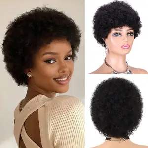 Afro Kinky Curly Human Hair Short Wigs For Women Full And Fluffy Machine Made Wig Human Hair Pixie Cut Natural Looking Glueless Hair Replacement Wig Black Color (Afro)