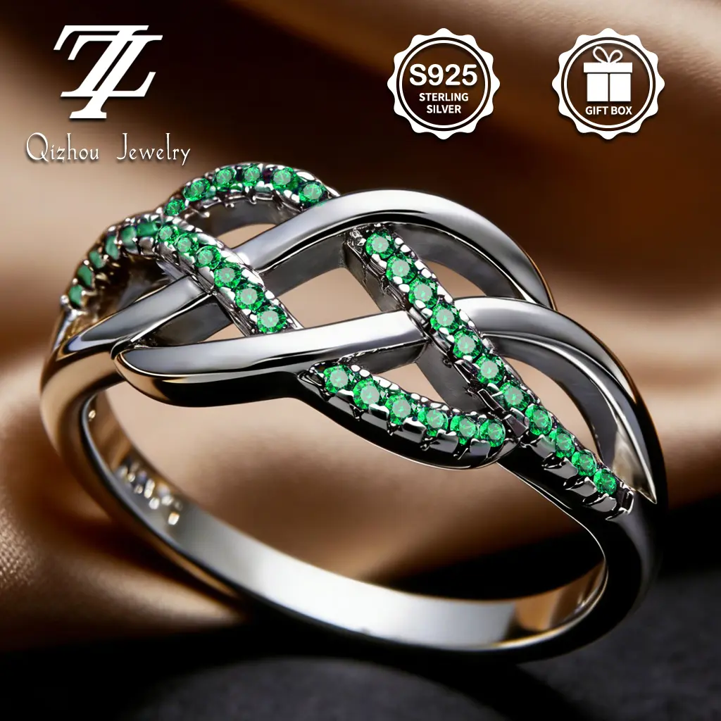 S925 Sterling Silver Braided Green Zircon Ring for Women | Luxury Hypoallergenic Engagement Band | Anniversary Gift summerwins