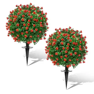 Artificial Topiary Bushes for Outdoors with Spike, Boxwood Ball Fake Shrubs UV Resistant Faux Plants for Indoor Outdoor Fall Thanksgiving Halloween Decor (Artificial Boxwood Ball Bush-Red)