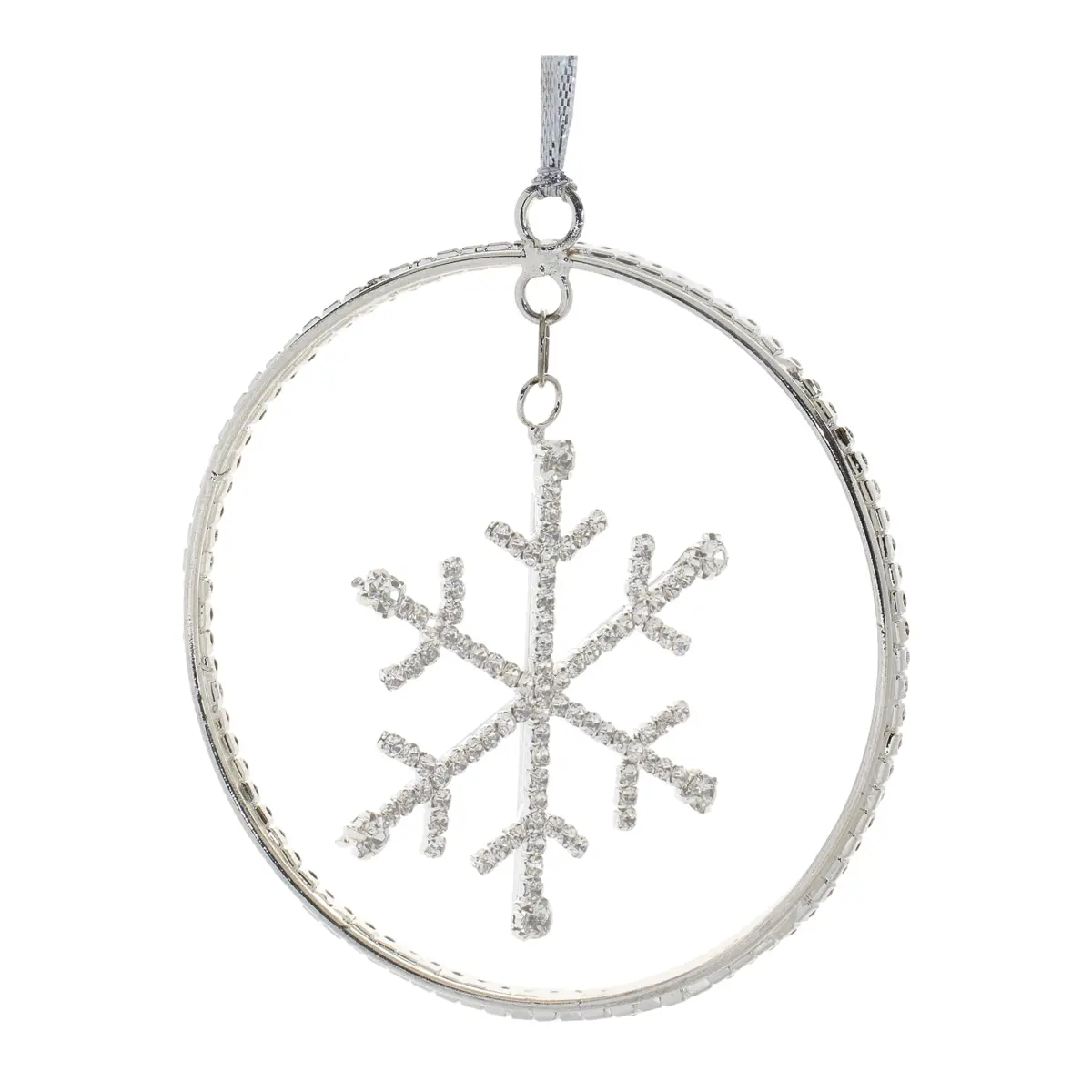 Set of 12 4-in. Iron & Glass Bead Traditional Silver Snowflake Disc Ornaments with 360 Stand, Hanger, Metallic Finish for Christmas Tree, Holiday Party Decoration