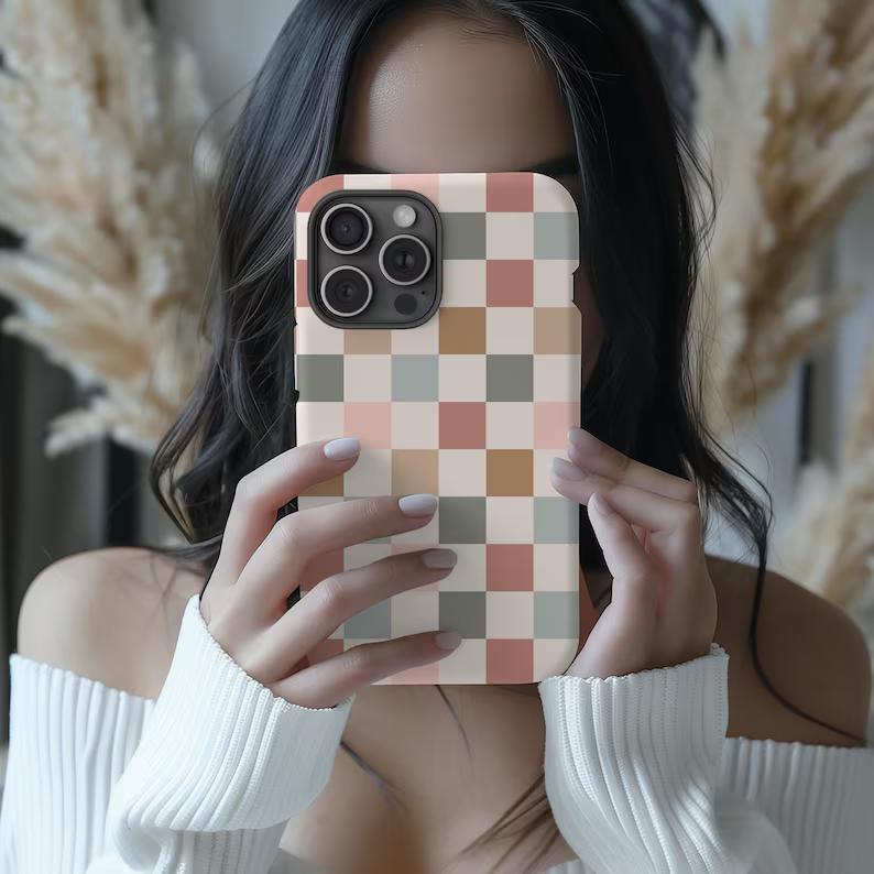 BOHO CHECKERED Case Cute Neutral Phone Cover for iPhone 17 16 15 14 13 12 Pro Max Plus Mini Trendy Phone Accessories Gift For Her Sweet Protection Protective