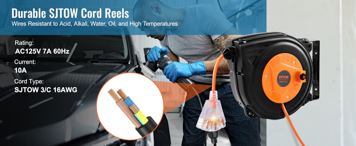 VEVOR Retractable Extension Cord Reel, Various specifications, Heavy Duty 3C SJTOW Power Cord, with Lighted Triple Tap Outlet, 15 Amp Circuit Breaker, 180° Swivel Bracket for Ceiling Tested to UL Standards