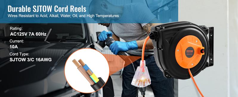 VEVOR Retractable Extension Cord Reel, Various specifications, Heavy Duty 3C SJTOW Power Cord, with Lighted Triple Tap Outlet, 15 Amp Circuit Breaker, 180° Swivel Bracket for Ceiling Tested to UL Standards