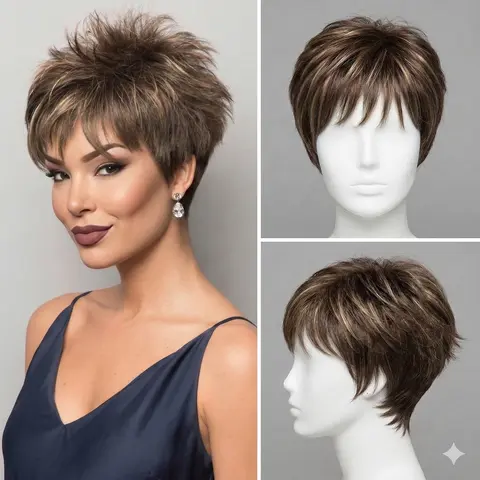 W WIGYY Female Glueless Frontal Lace Short Pixie Cut Synthetic Wig with Bangs - Beginner Friendly, Fashionable, Resizable, Heat-Resistant Protein Fiber, Lightweight Natural Look, Cosplay Daily Wear (Medium Golden Brown or Grey)