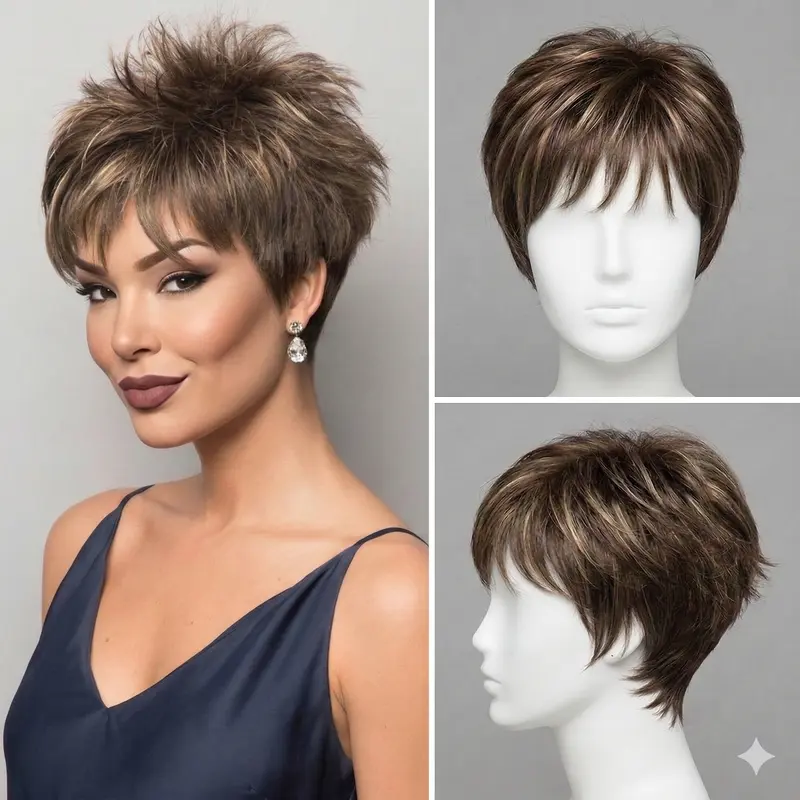 W WIGYY Female Glueless Frontal Lace Short Pixie Cut Synthetic Wig with Bangs - Beginner Friendly, Fashionable, Resizable, Heat-Resistant Protein Fiber, Lightweight Natural Look, Cosplay Daily Wear (Medium Golden Brown or Grey)