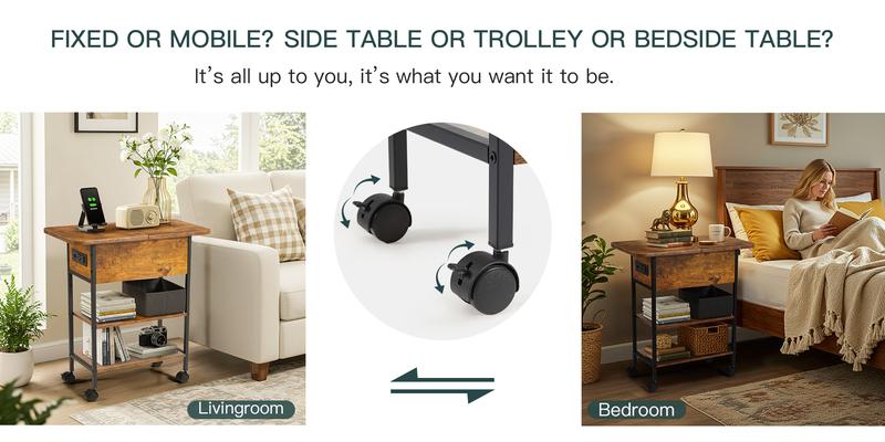 EROMMY Multi-Functional Flip Side Table w/USB Charging Station, 360° Swivel Wheels & Storage Shelf | Space-Saving Slim Design for Living Room/Bedroom | Rustic Brown Wood End Table