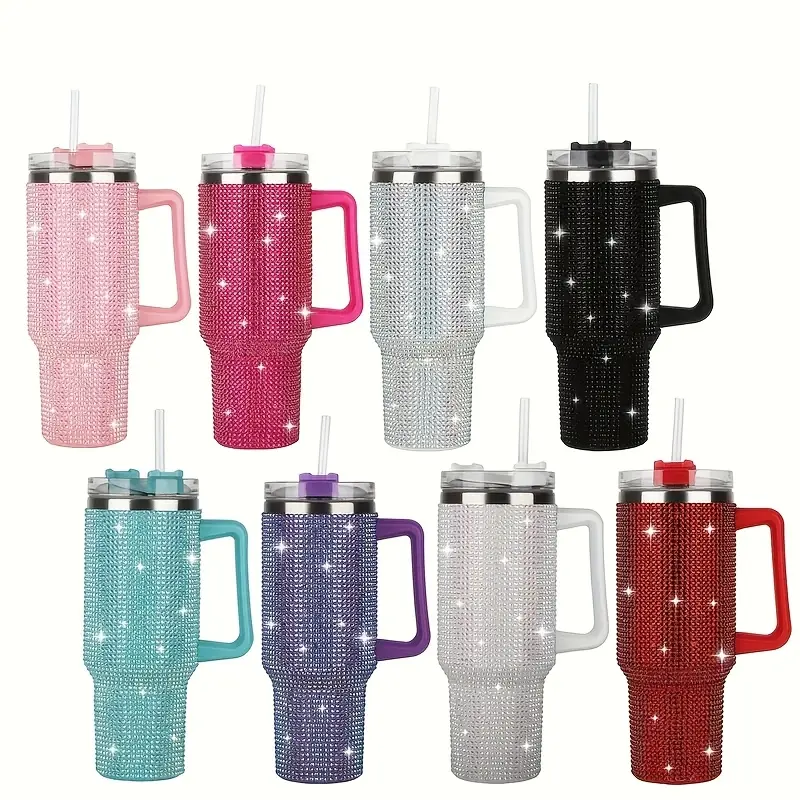 Large 40oz Rhinestone Stainless Steel Vacuum Insulated Tumbler - Sparkle Diamond Glam Design, Portable Durable Reusable Travel Mug, Hand Wash Only Drinkware, Water Bottles