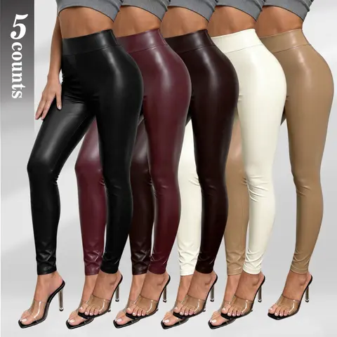 Hijesse Women's Solid Color High Waist Pu Leather Leggings, Casual Comfy Breathable Skinny Pants for Daily Wear, Ladies Bottoms for All Seasons, Soft Leggings