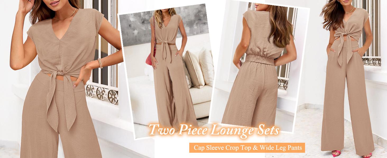 PRETTYGARDEN Women's Summer 2 Piece Outfits Cap Sleeve V Neck Belted Crop Tops Wide Leg Pant Sets Casual Tracksuit 100% Polyester Chiffon Texture - Womenswear