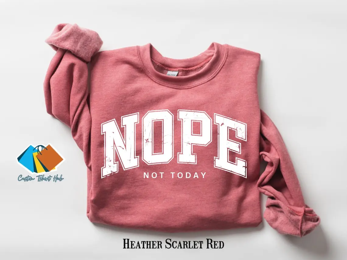 Gildan Women's Oversized Ribbed Cotton-Poly Mix Long-Sleeve Crewneck Sweatshirt - Smooth Spandex-Yarn Fabric, Sarcastic "Nope Not Today" Letter Print, Mom Gift Fashion Essential Top
