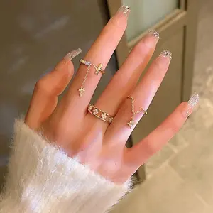 Unique Gold Stacking Rings Set With Dangle Charm - Dainty Celestial Cross Rings