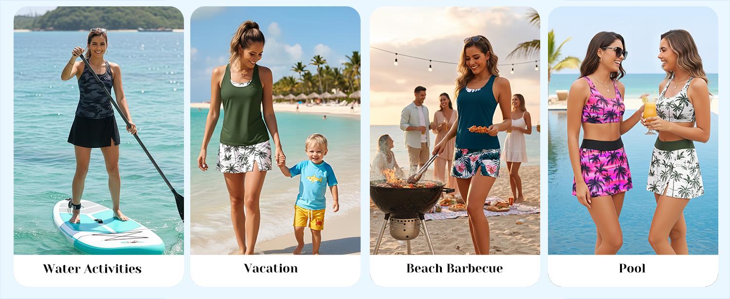 Daci Womens Three Piece Tankini Swimsuits with Skirt - Tummy Control Bathing Suit Swim Tank Top Sport Bra Athletic Swimwear