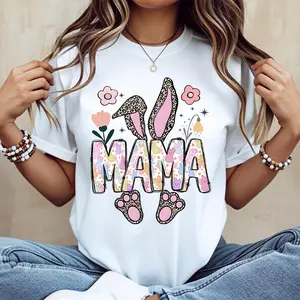 Women’s Cotton Mama Bunny Easter T-shirt — summer casual graphic tee with a round neck, short sleeves, regular fit, loose fit, leopard ears and paw prints, pink flower design; machine washable, not dry clean; made in USA