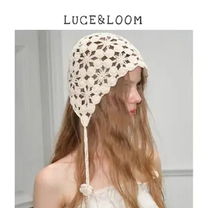 【LUCE&LOOM】Elegant Beige Crochet Bonnet Hollow Out Knit Lace Hat Vintage Tie Back Design French Style Aesthetic Headwear for Women One Size Fits Most