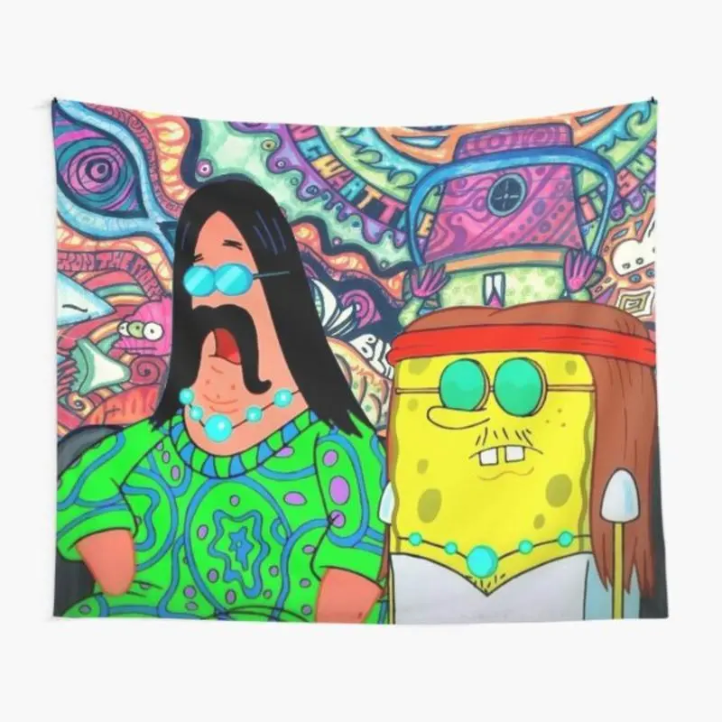 Hippie Cartoon Spongebob Print Tapestry - 60"x40" Wall Decor for Bedroom, Living Room, Outdoors, College Dorm Birthday Gift for Teens