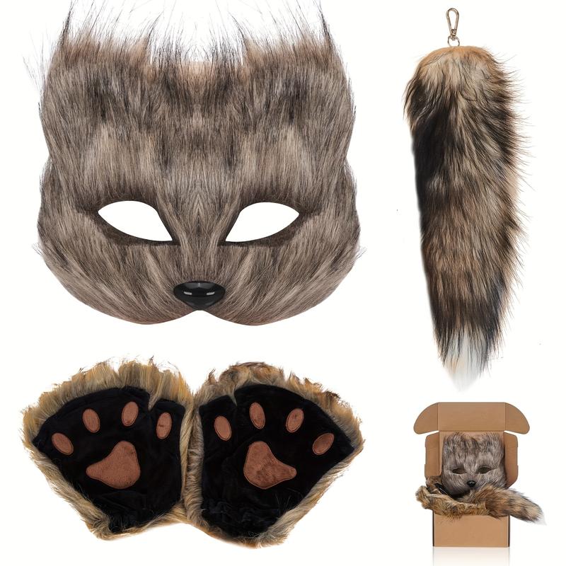 4Pcs Faux Fur Fox Costume Set with Plush Mask Fluffy Claw Gloves & Tail Perfect for Halloween Christmas and Costume Parties Ideal Gift for Children, Therian Gear
