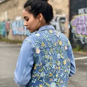 Light Blue Boho Custom Denim Jacket for Women, Floral Lace Jean Festival Outfit with Unique Embroidered Mesh Back