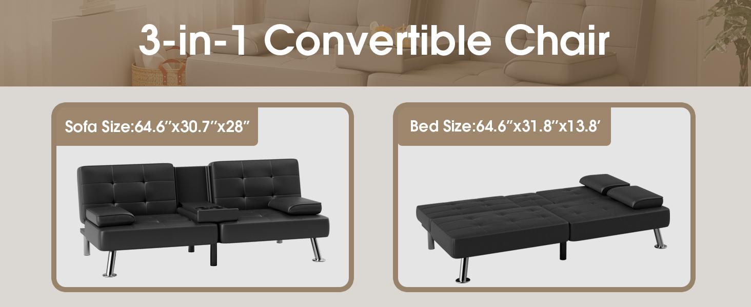 Futon Sofa Bed, Leather Futon Couch with Removable Armrests, Adjustable Recliner Sleeper Sofa Bed with Dual Cup Holders for Living Room, Apartment, Office (Black)