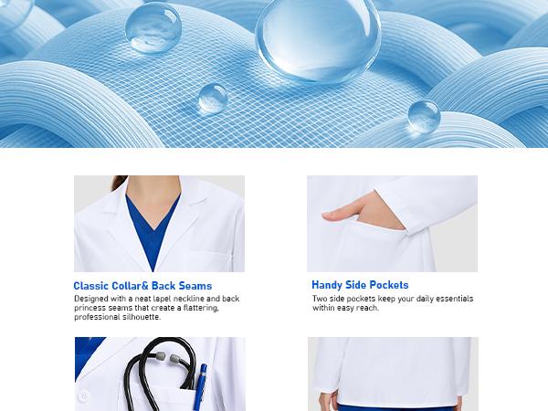 White Lab Coat for Women with 4 Pockets – Button Front Long Sleeve Consultation Coat, Soft Stretch Fabric