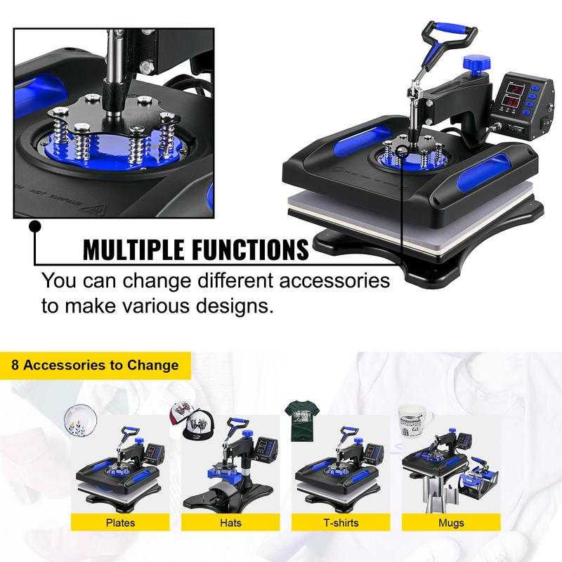 VEVOR Heat Press Machine 15 x 15 Inch 8 in 1 Heat Press 800W Sublimation Machine 360° Rotation Swing Away 8 in 1 Shirt Printing Machine Dual-Tube Heating for DIY T-Shirts Cap & Mugs Blue
