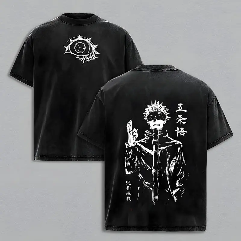Menswear Distressed Washed Round Neck Short Sleeve Gojo Satoru Tee - Jujutsu Kaisen Shibuya Incident/Culling Game Prelude Vintage Oversized Heavy Cotton Anime Manga Top, Double Printed Retro Unisex Streetwear Graphic, Festive Japanese Sorcerer Fan Merch,