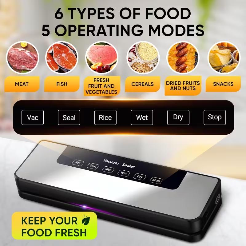 75 Kpa Food Vacuum Sealing Machine – Includes 50 Free Vacuum Bags –  6-In-1 Sealing, Stainless Steel，Power Supply, Without Battery-Semi-Automatic with 75KPA Suction Force – Ideal for Dry and Moist Food Storage, Fridge Organization, and Kitchen Utensils