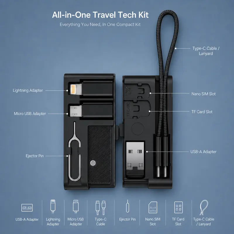 Basemo Pocket Tech Companion with USB-C Cable, USB-A, Lightning, Micro-USB Adapters, 480Mbps Data Transfer, Fast Charging, SIM/TF Card Storage & Phone Stand – Portable Travel Hub for Laptop, Office and Content Creator Accessories