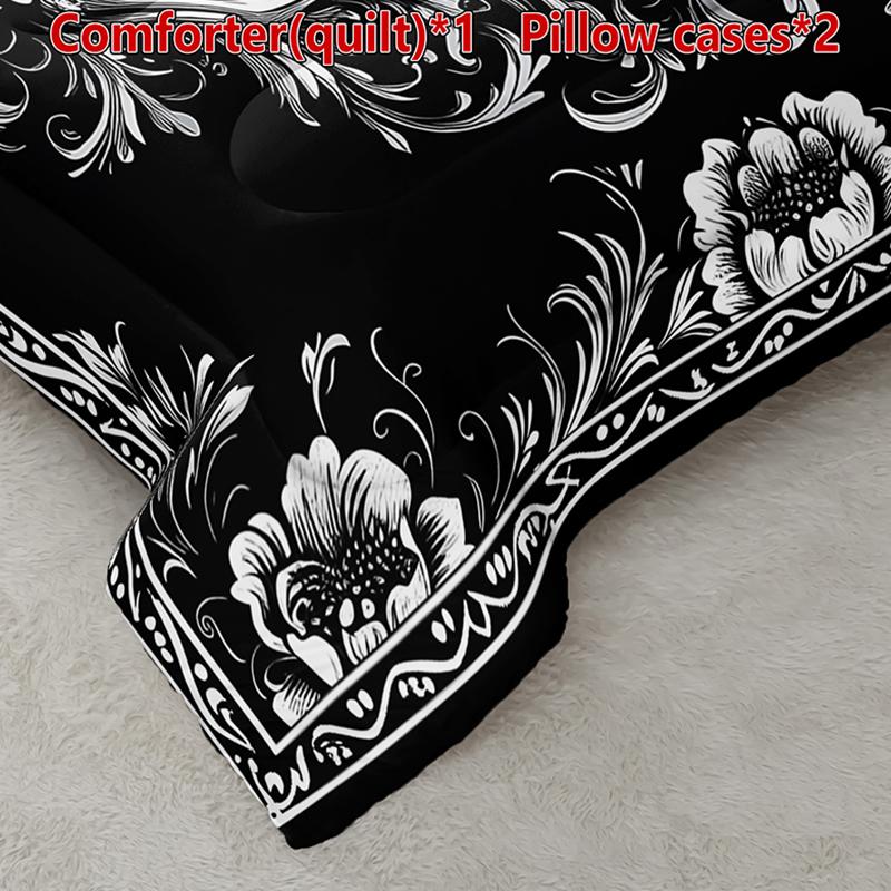 Skeleton Pattern quilt Set, Gothic Black Bedding, Includes 1 quilt and 2 Pillowcases (Pillows Not Included), Comfortable Bedroom Decor