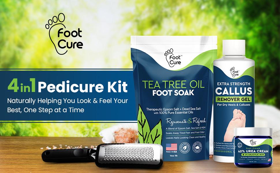 Foot Cure Foot Exfoliator & Callus Remover Kit – 4pc Set with File, Urea Cream & Tea Tree Soak Salts