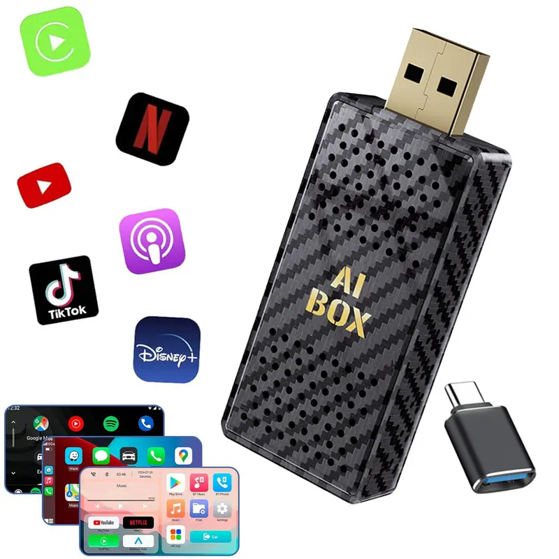 Mini AI Box - Streaming Netflix/Youtube/Tiktok to your car! 4 in 1 Wireless CarPlay and Android Auto Adapter suitable for Factory wired CarPlay Cars
