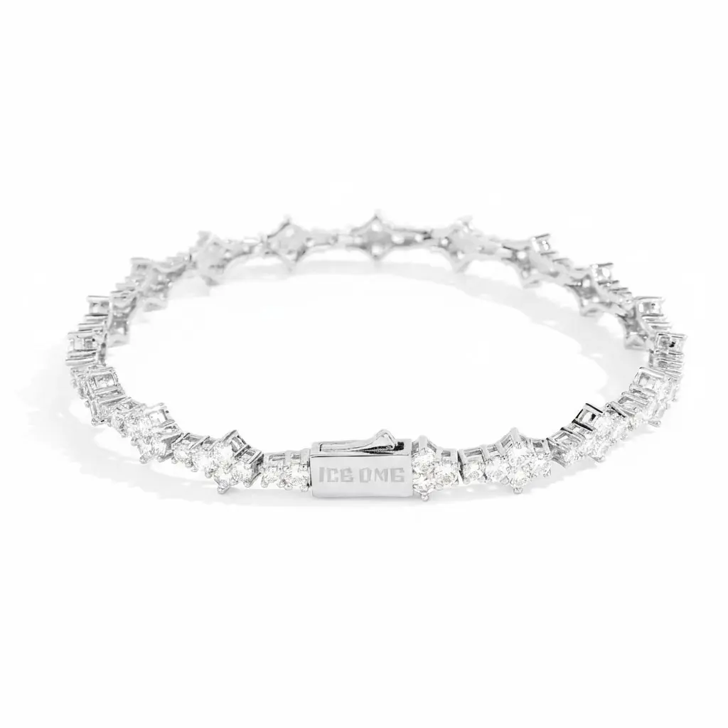 ICEOMG Luxury 6.5mm Flower Tennis Bracelet for Women Iced Out Micro Pave CZ Diamond 18K Gold Plated Sparkling Star Link Chain Bracelet for Stacking or Solo Wear Elegant Jewelry Anniversary Birthday Christmas Gifts for Her Trendy Accessories