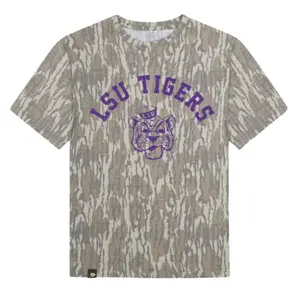 LSU Tigers Printing Original Bottomland Pattern Mossy Oak Washed Out Camo Tee, Mossy Oak LSU Tigers Letter Printing Original Bottomland Short Sleeve Camo Shirt