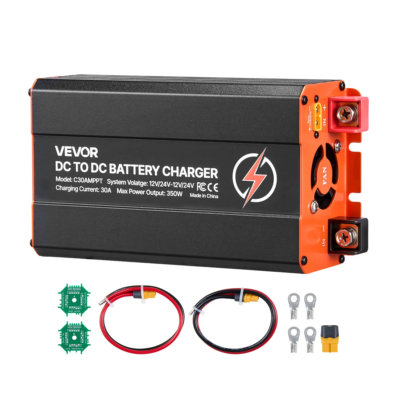 VEVOR MPPT DC-to-DC On-Board Battery Charger, 350W 30A, Solar Panel-Alternator Dual Input, Smart Multi-Stage Charging for 12V/24V LiFePO4/Lead-Acid Batteries, Built-In Cooling Fan, Short Circuit Protection, for Automotive, Trailers, RVs, Campers