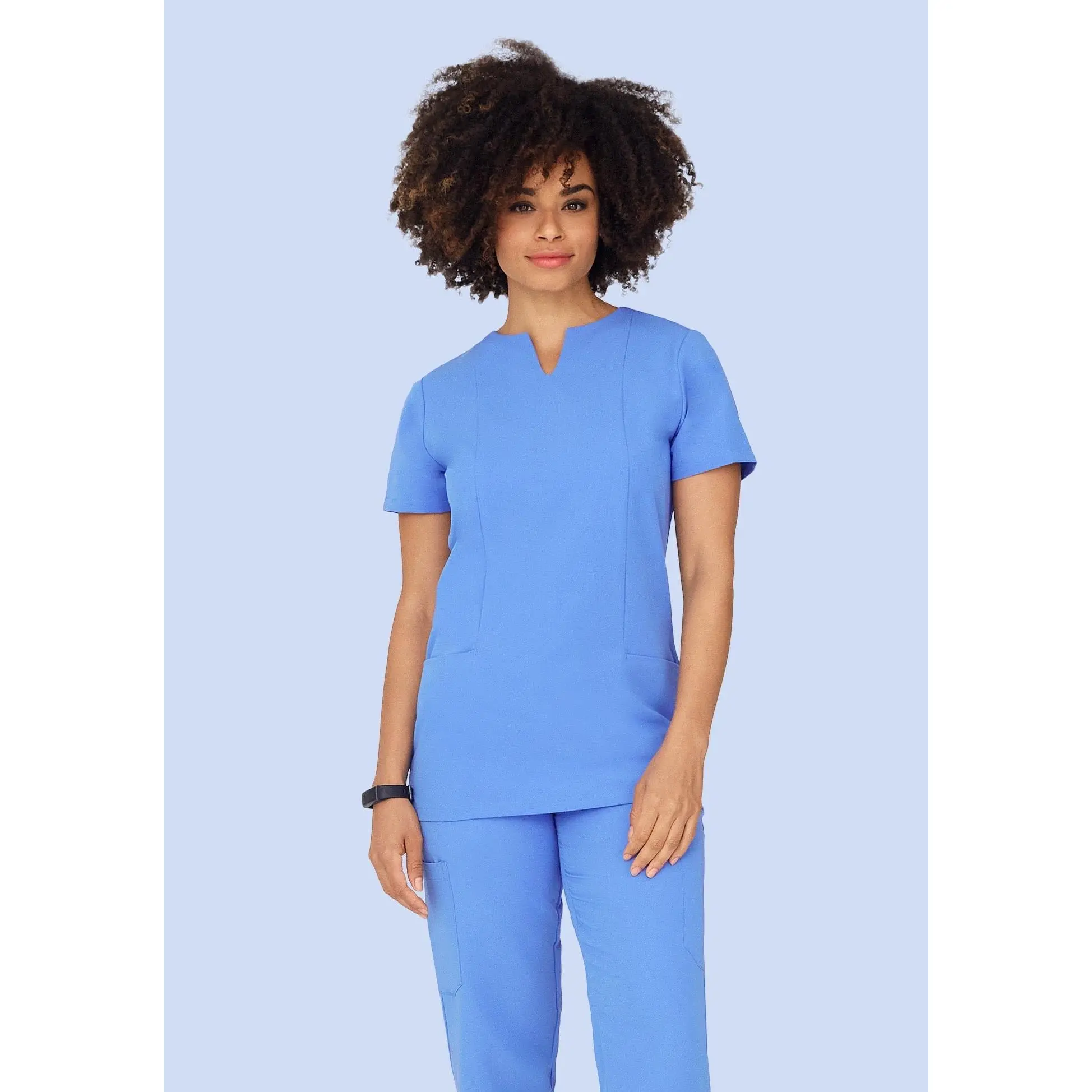 Mandala Scrubs Women's Workwear 5-Pocket Notch Neck Top, Ceil Blue Uniform