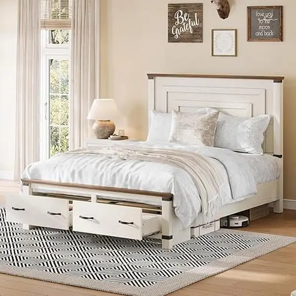 VanAcc Farmhouse Bed Frame with 54" Tall Geometric Headboard & Footboard, Rustic Wood Platform Bed Frame with Large Storage Drawers, Wood Slats Support, No Box Spring Needed #homemakeover