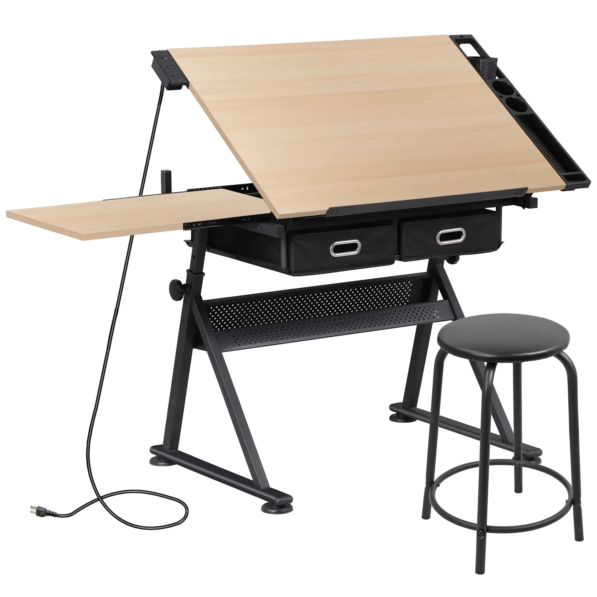 Segawe Angle-Adjustable Steel-Wood Drafting Table with Stool, Black Frame, 27-37in Height Adapts to Your Body, Smooth Sliding Drawers, Power Outlet, Dual Tabletop Use, 47.5 lbs, 2 Slide-Out Drawers Tame Clutter for Painting, Reading