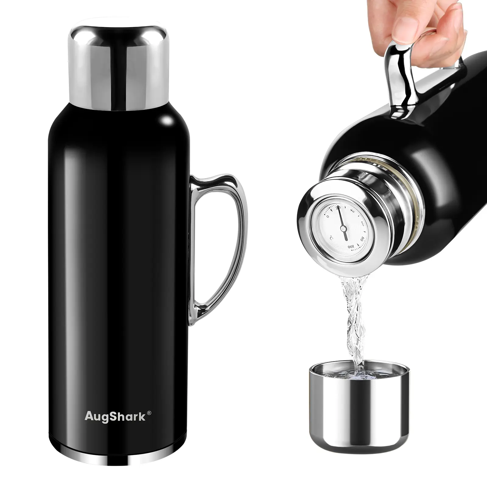 Augshark 34oz (1000ml) Insulated Stainless Steel Water Bottle - Portable Leakproof Bottle Vacuum Flask with Handle, Temperature Display Lid, Stopper | Insulated Travel Drinkware for Travel, Gym | Holds Coffee, Ice Cubes, Tea, Bottle Vacuum Flasks