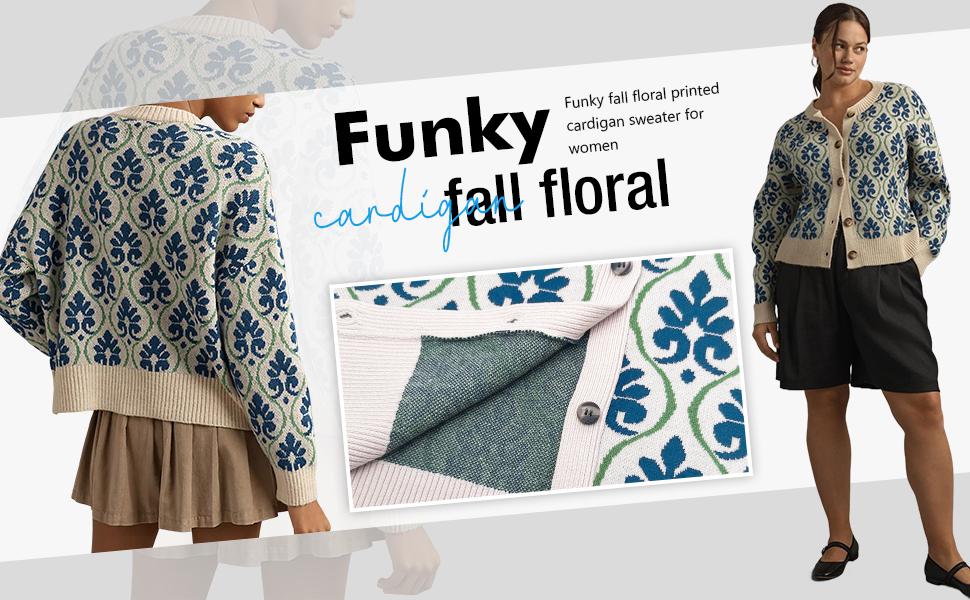 Buenoble Vintage Damask Floral Printed Cardigan Sweater for Women, Round Neck Button Down Long Sleeve Knit Open Front Retro Pattern Knit Outerwear Fall Casual Sweater Coat